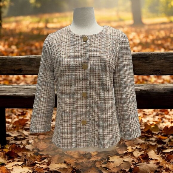 Messini MnTweed Plaid Metallic Blazer Classic Sophisticated Fall Winter Retro - Picture 1 of 11